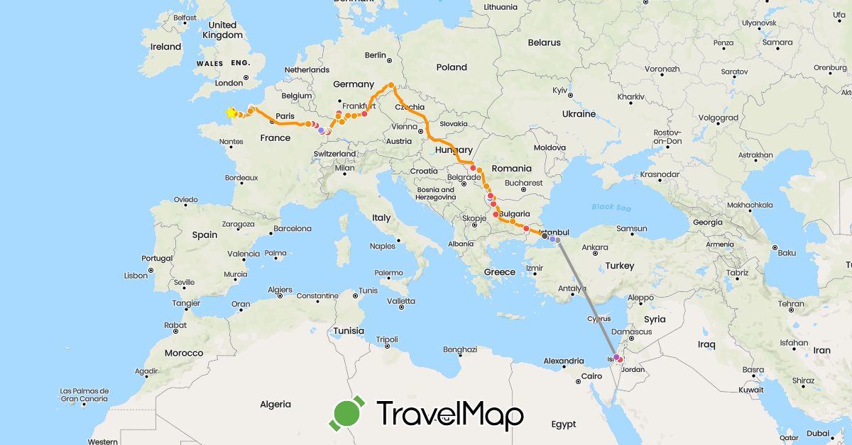 TravelMap itinerary: driving, plane, train, hiking, hitchhiking, motorbike, autostop after meeting in Bulgaria, Germany, France, Israel, Palestinian Territories, Romania, Turkey (Asia, Europe)